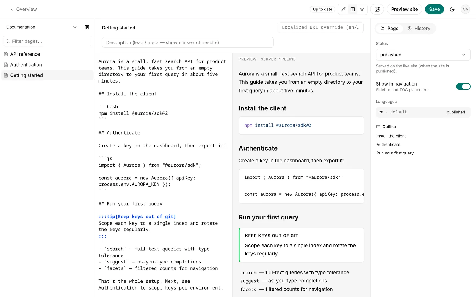 The Cirth editor: Markdown with syntax highlighting, the rendered reader's page beside it, and the page tree at the far left